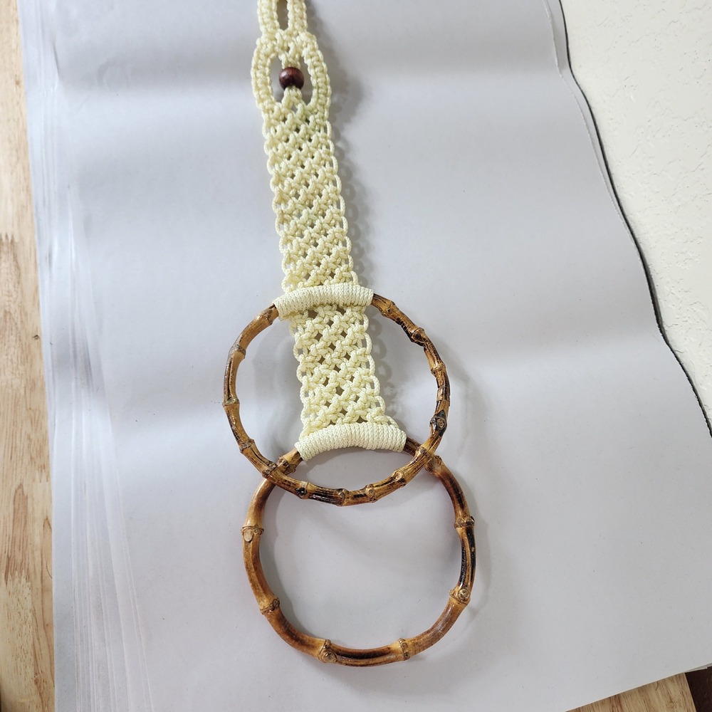 Vintage Boho Macrame Towel Holder Cream Woven Textile Natural Bamboo Rings